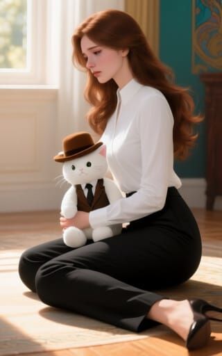 Photorealistic Portrait of Woman Holding Stuffed Cat