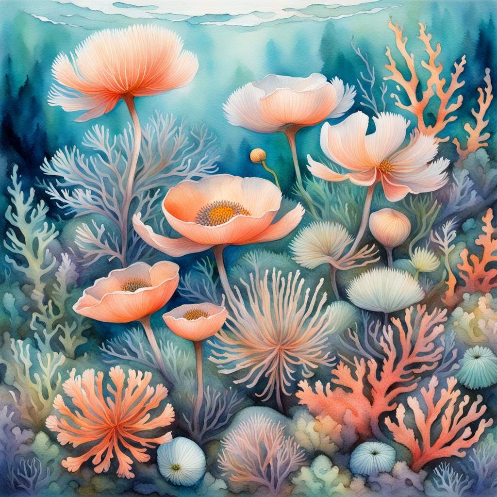 Coral Reef Home to Sea Sprites in Watercolor