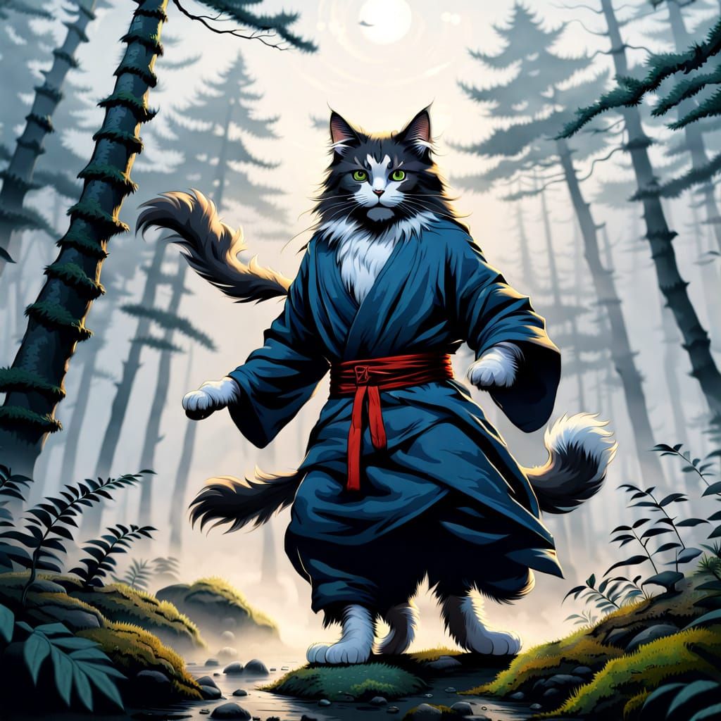 Ninja Cat in Foggy Forest