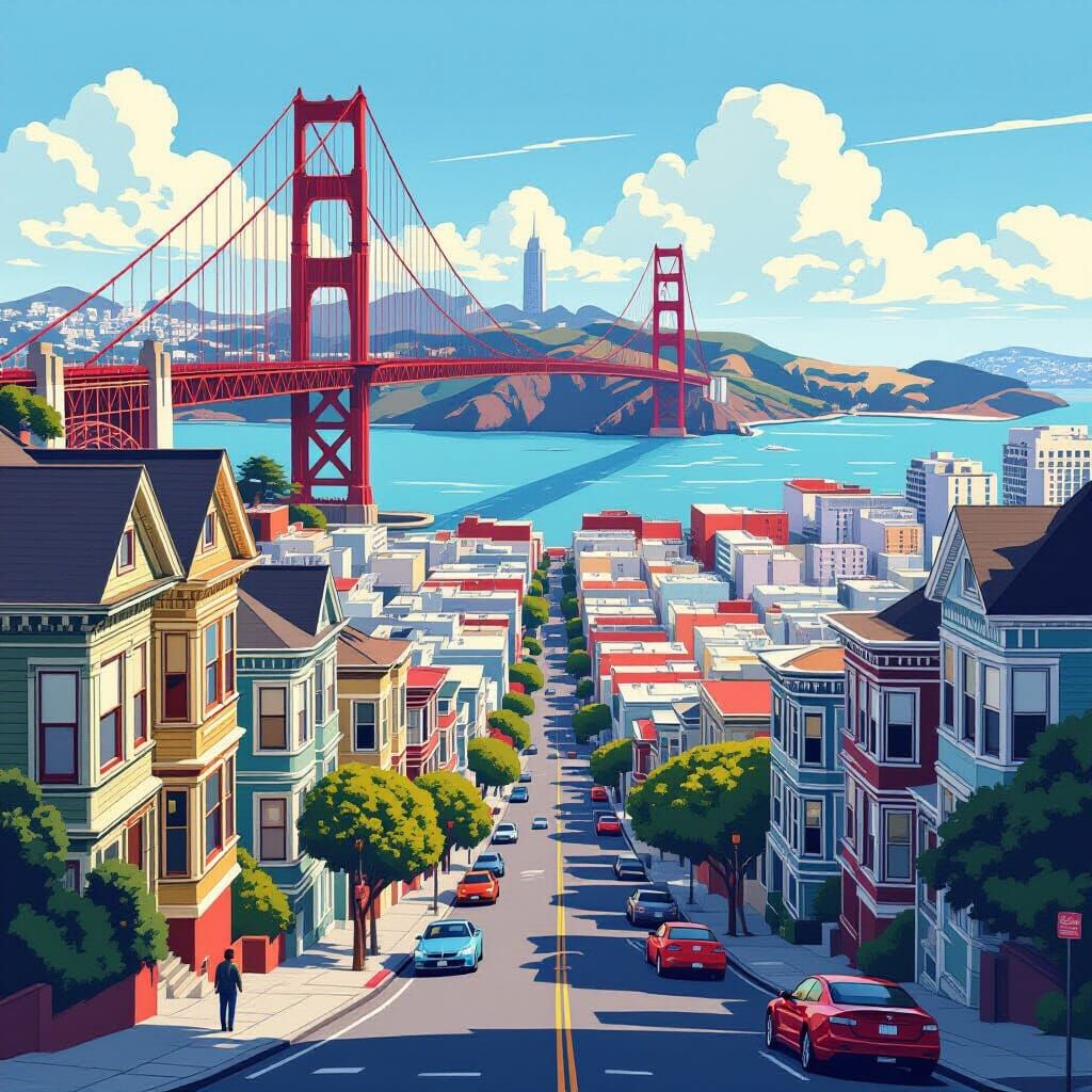 San Francisco Cityscape with Victorian Homes and Golden Gate