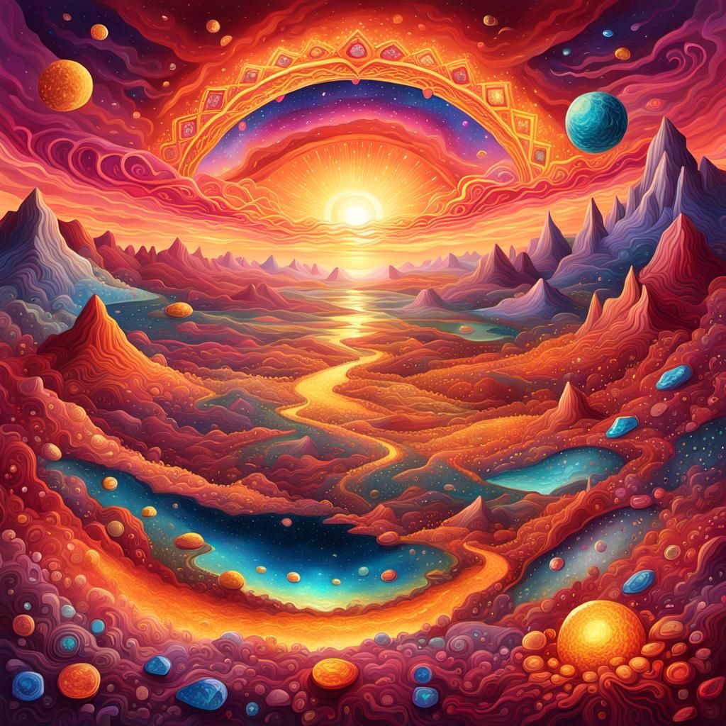 Ethereal Sunset Cosmic Landscape with Vibrant Gemstones