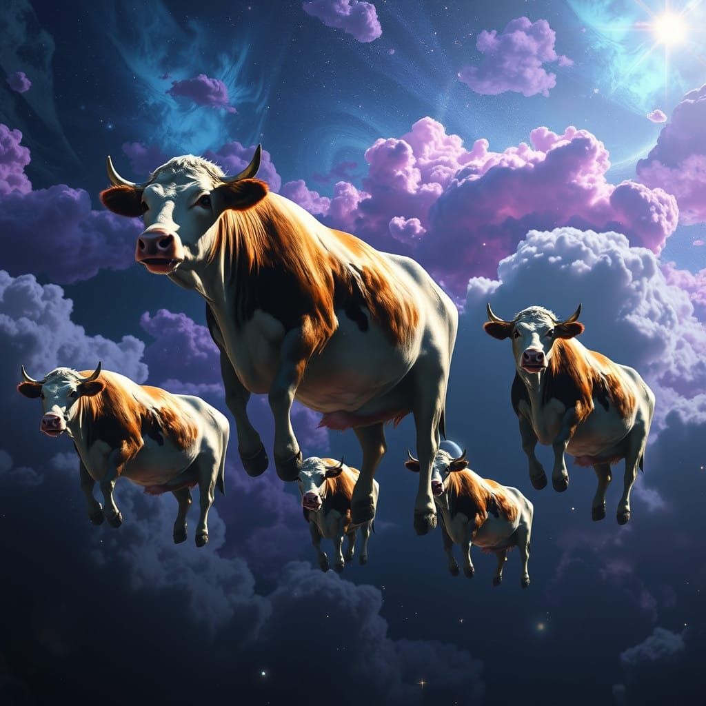 Majestic Cows in Antigravity, Deep-Space Environment
