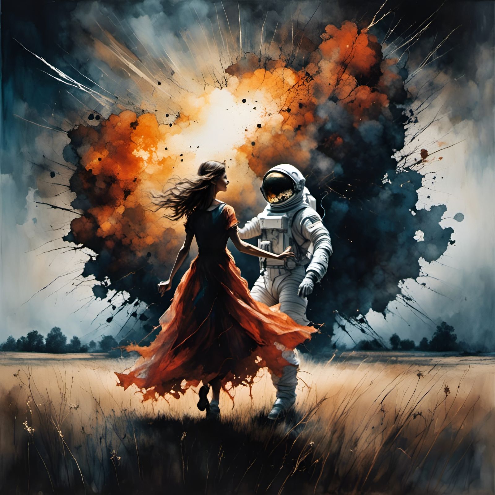 Woman and Astronaut Dancing Near Explosion