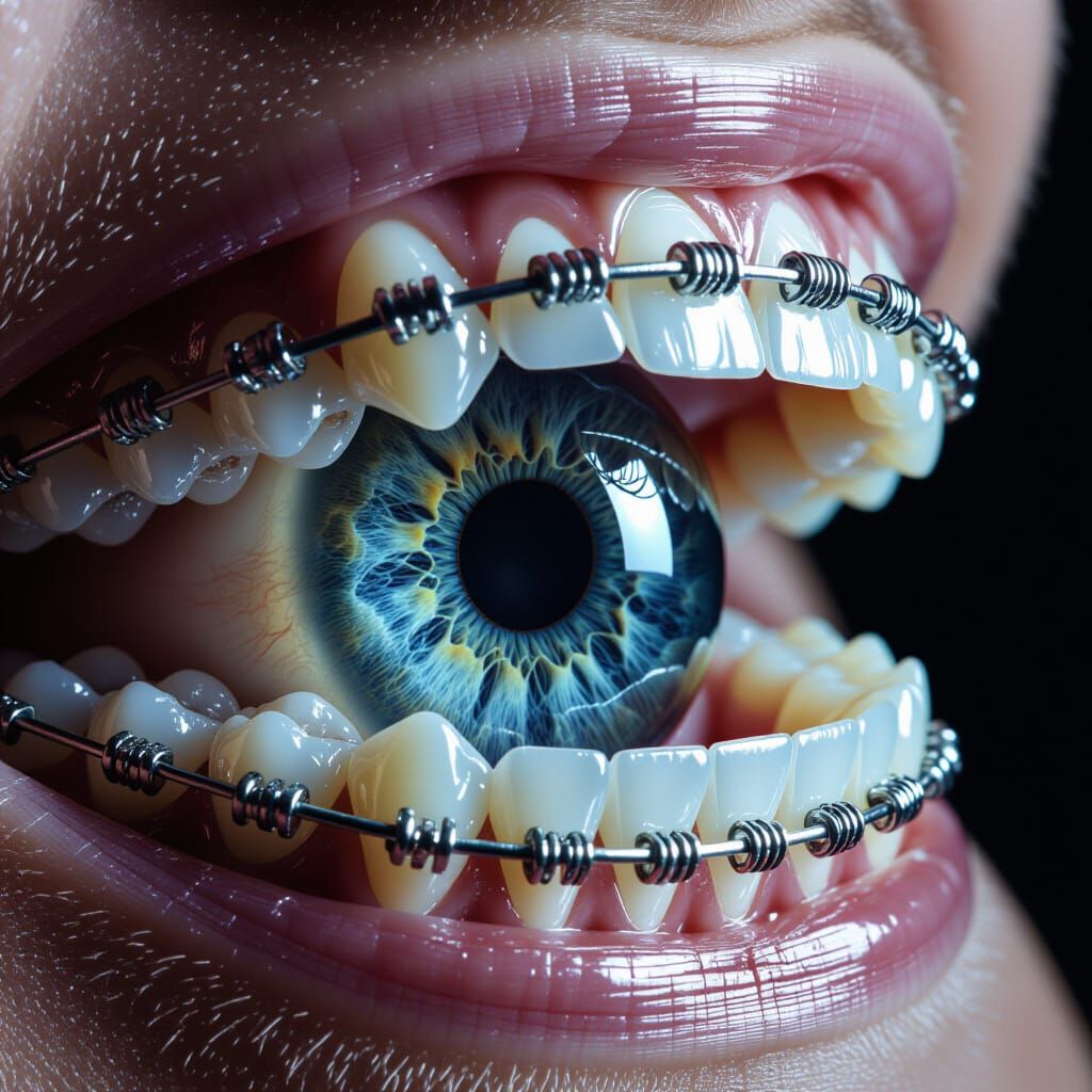 Eerie Macro Photo of Braces and Eyeball with Dramatic Lighti...