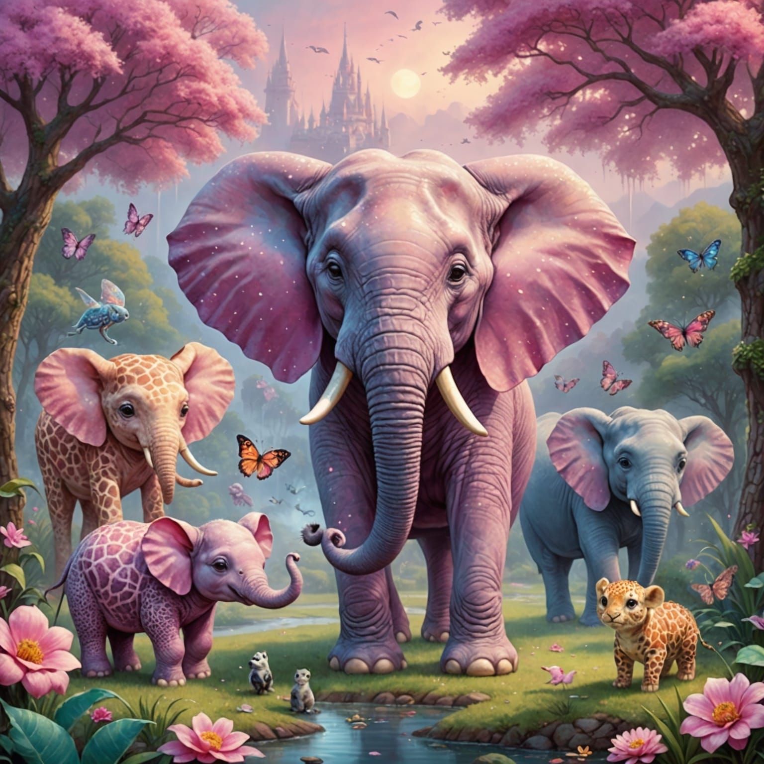 Pink Chibi Animals in Pointillism Style