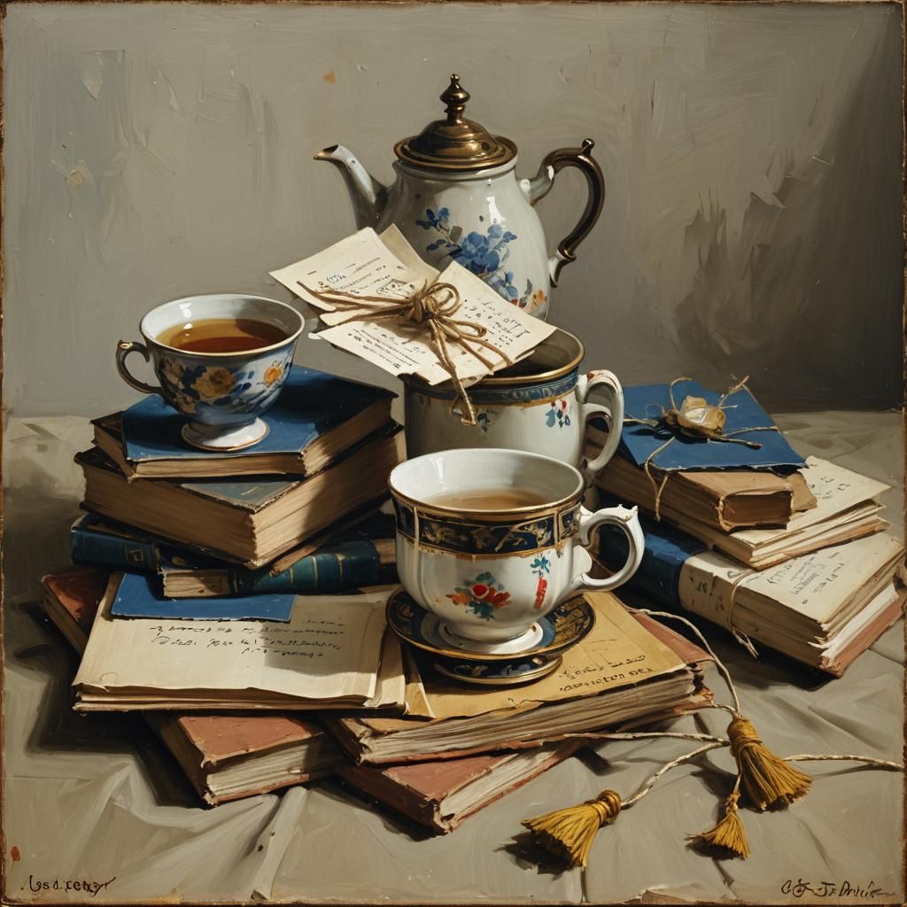 Vermeer-Style Still Life with Books and Teacup