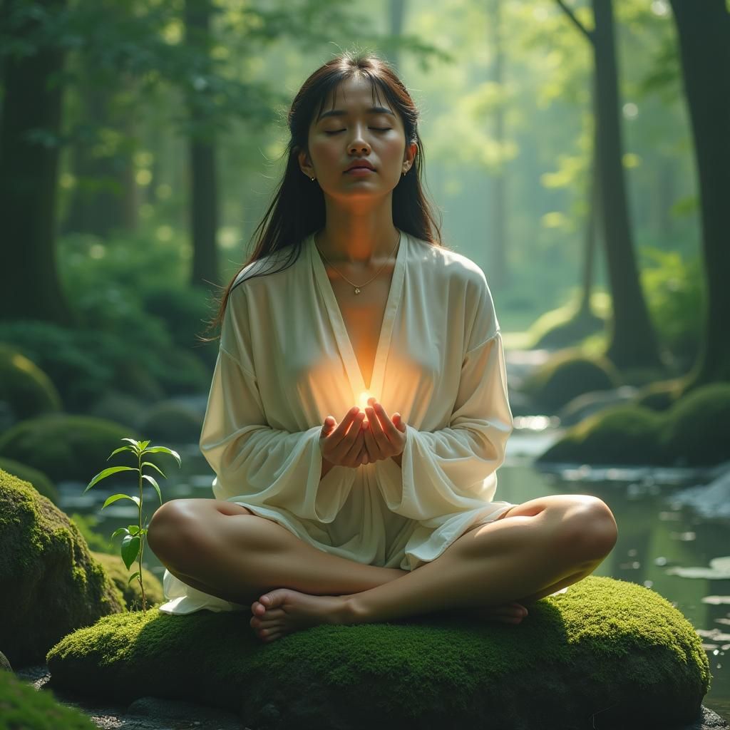 Serene Woman Meditating in Nature, Photorealistic Style