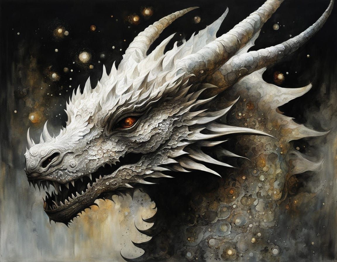 Surrealism by Eric Lacombe. dragon, white skin, shiny aura, ...