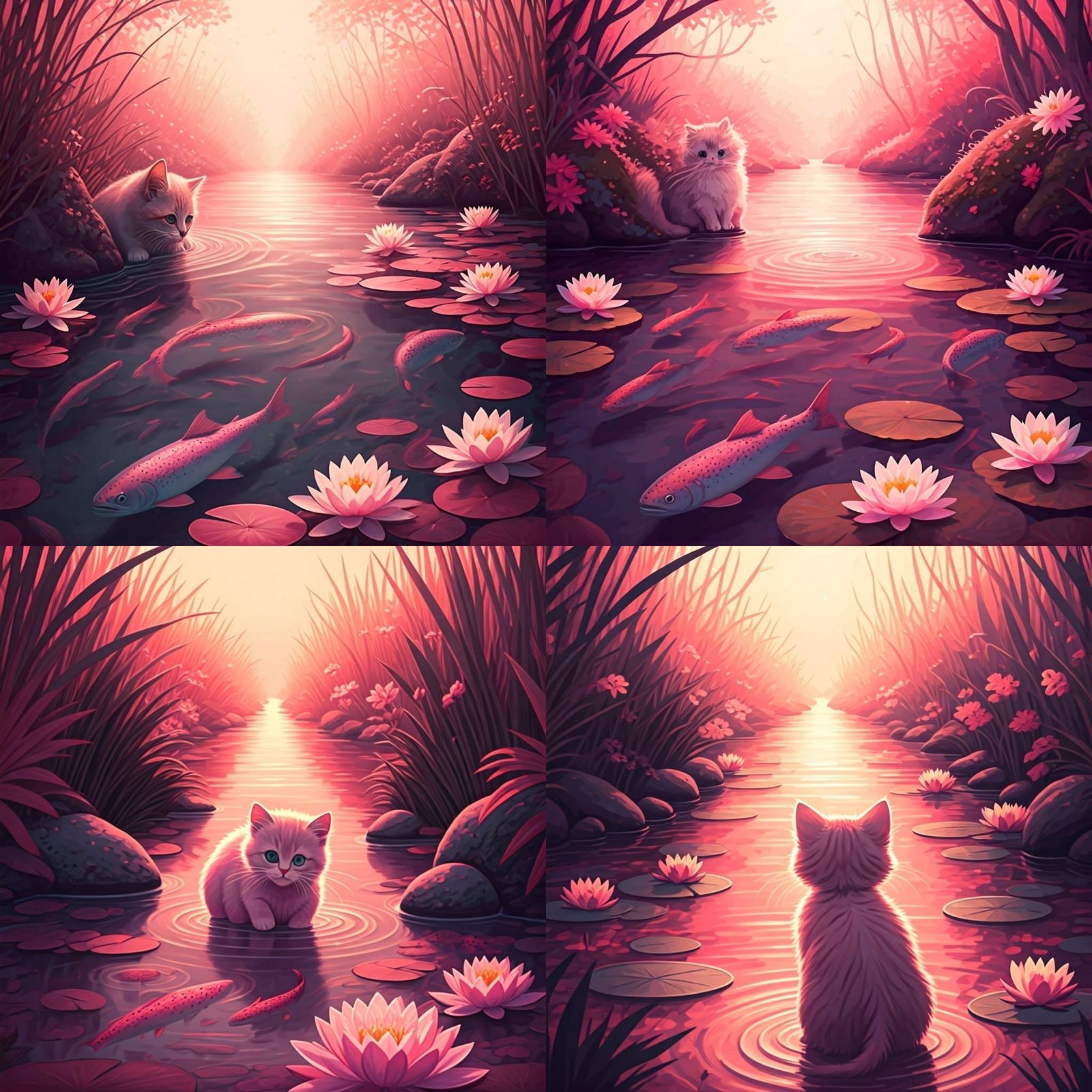 Pink Kitten in Pink Stream: Digital Art