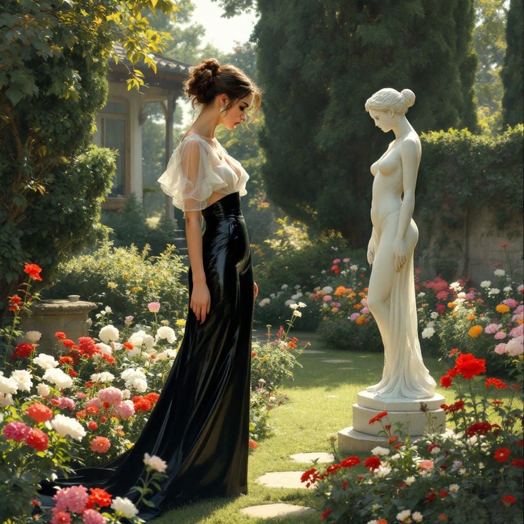 Breathtaking Beauty Admires Elegant Marble Statues in Serene...