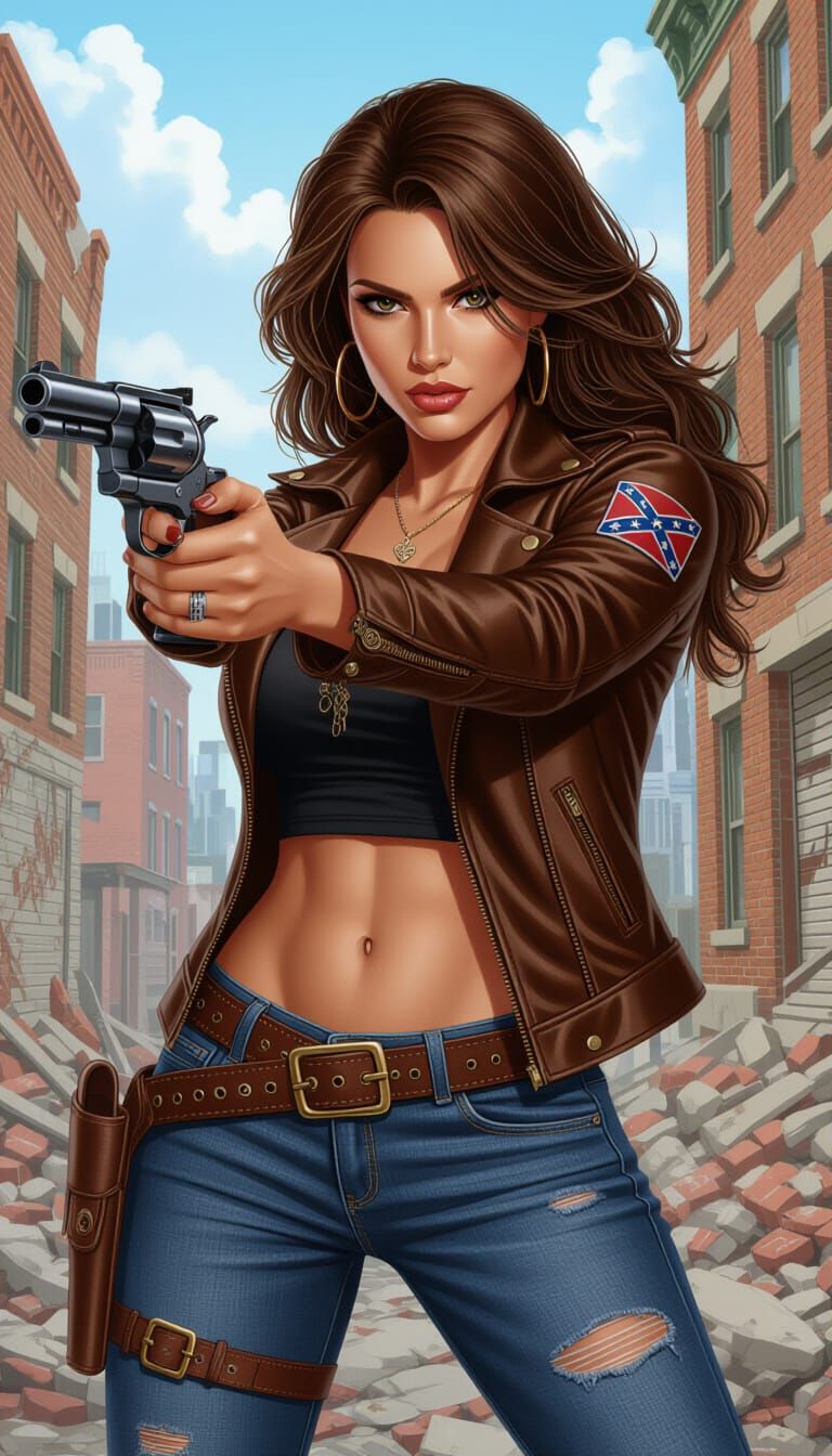 Brunette with Revolver in Slums: Hyperrealistic Splash Art