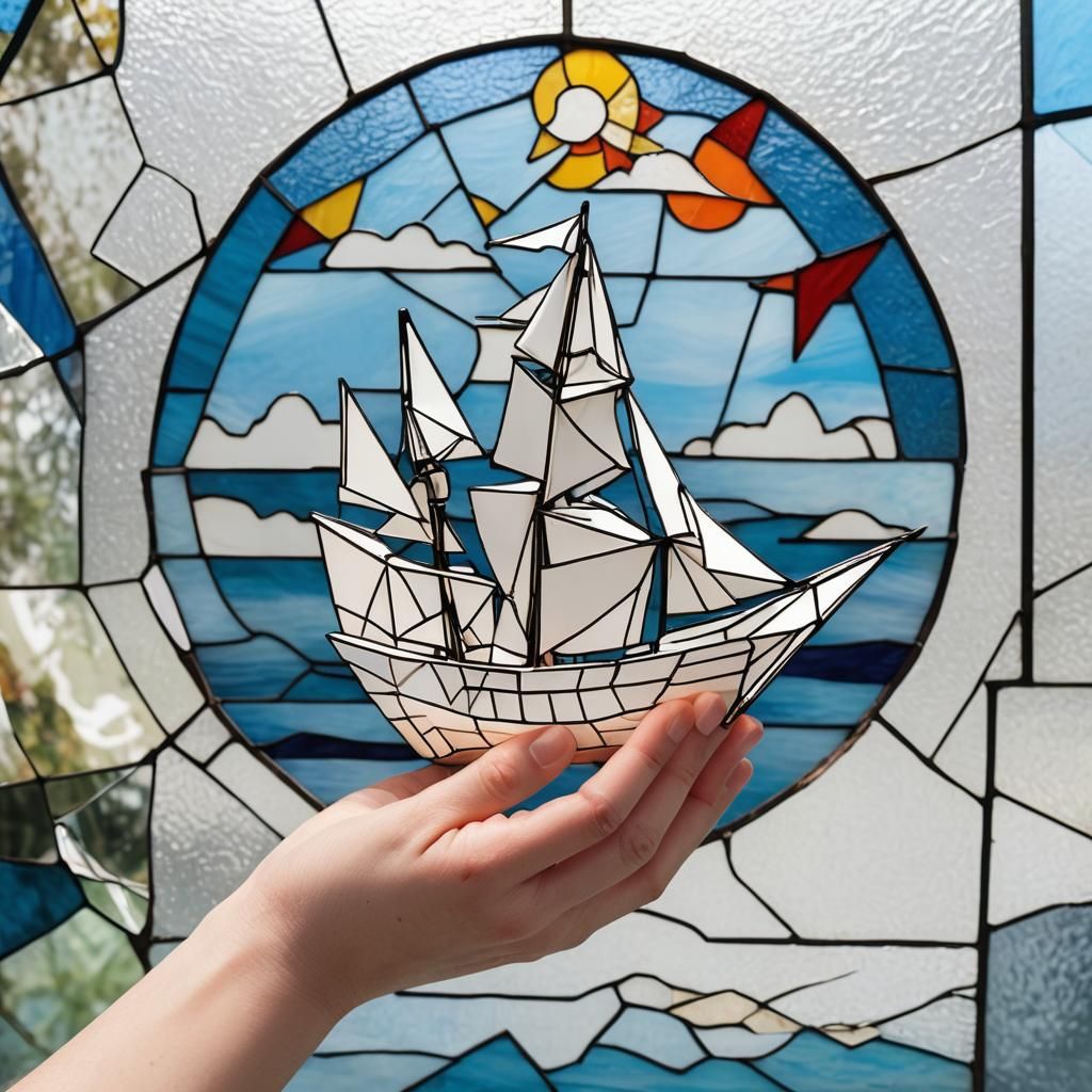 Origami Ship in Hand: Stained Glass Fauvism Art