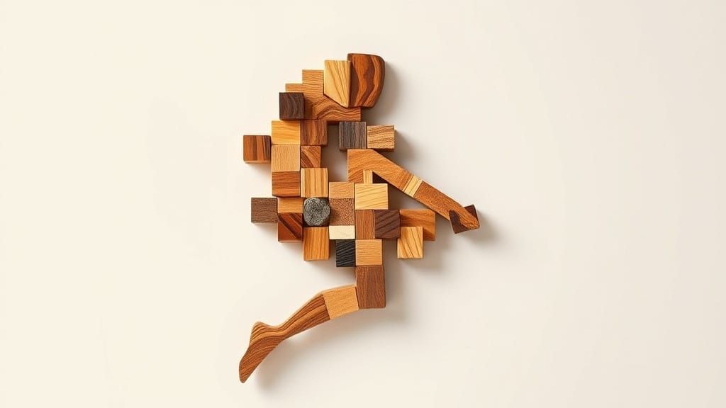 Cubist Floral Nebula: Wooden Block Figure in 3D