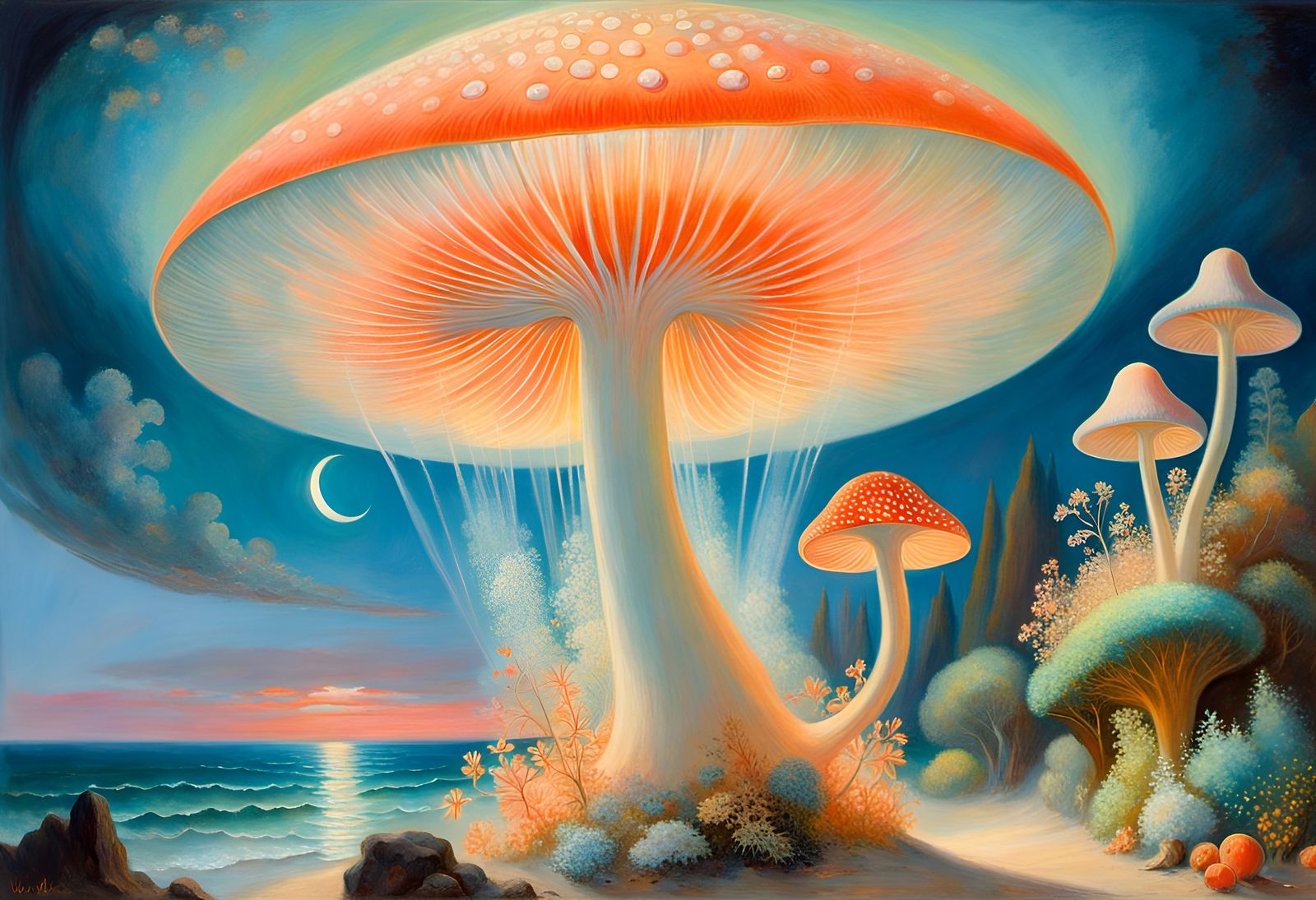 Mushroom Spaceship Under Crescent Moon in Pastel Colors