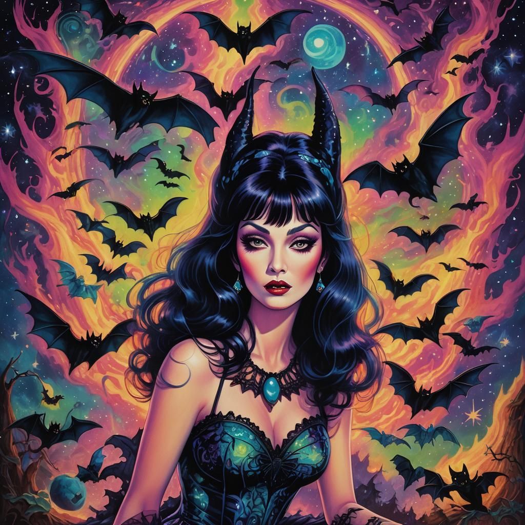 Elvira Pinup Surrounded by Bats in Pop Art Style