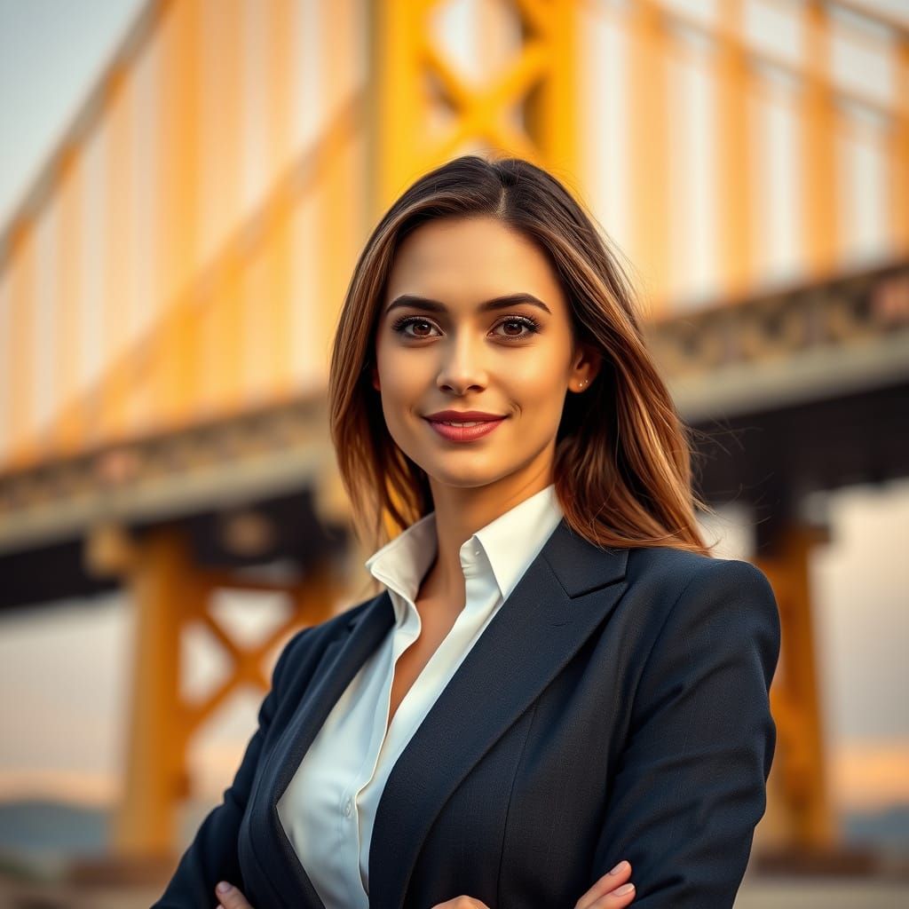 Confident Businesswoman Standing in Front of Golden Bridge