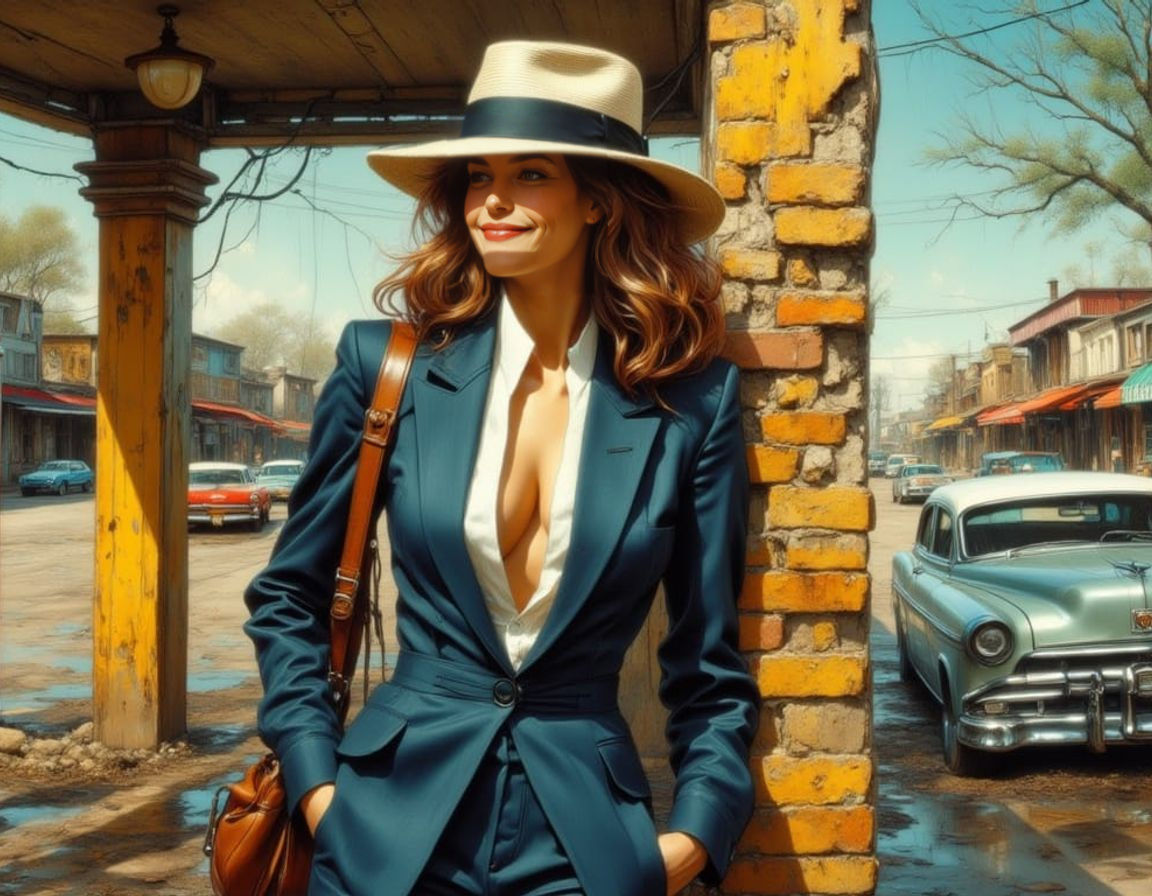 Woman in Modern Attire at a Classic Gas Station