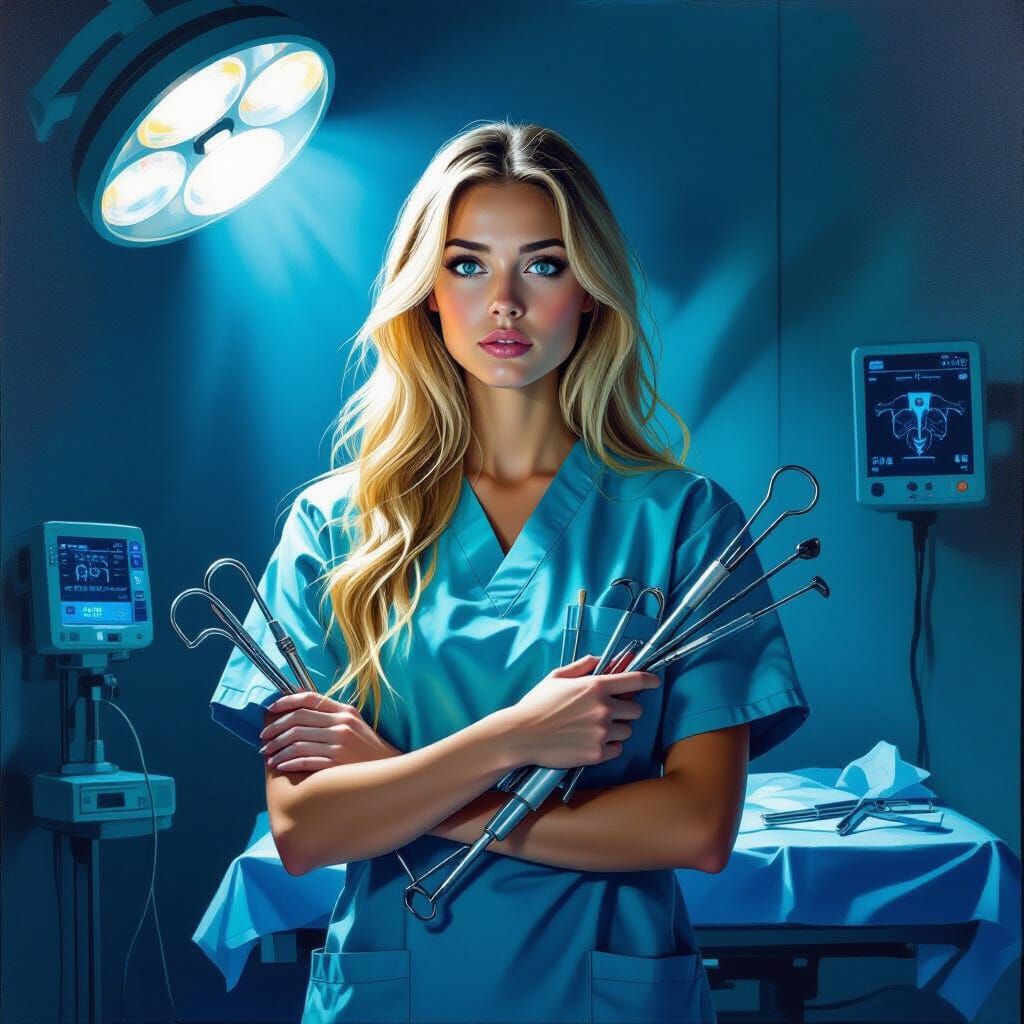 Surreal Nurse with Orthopedic Tools in Operating Room