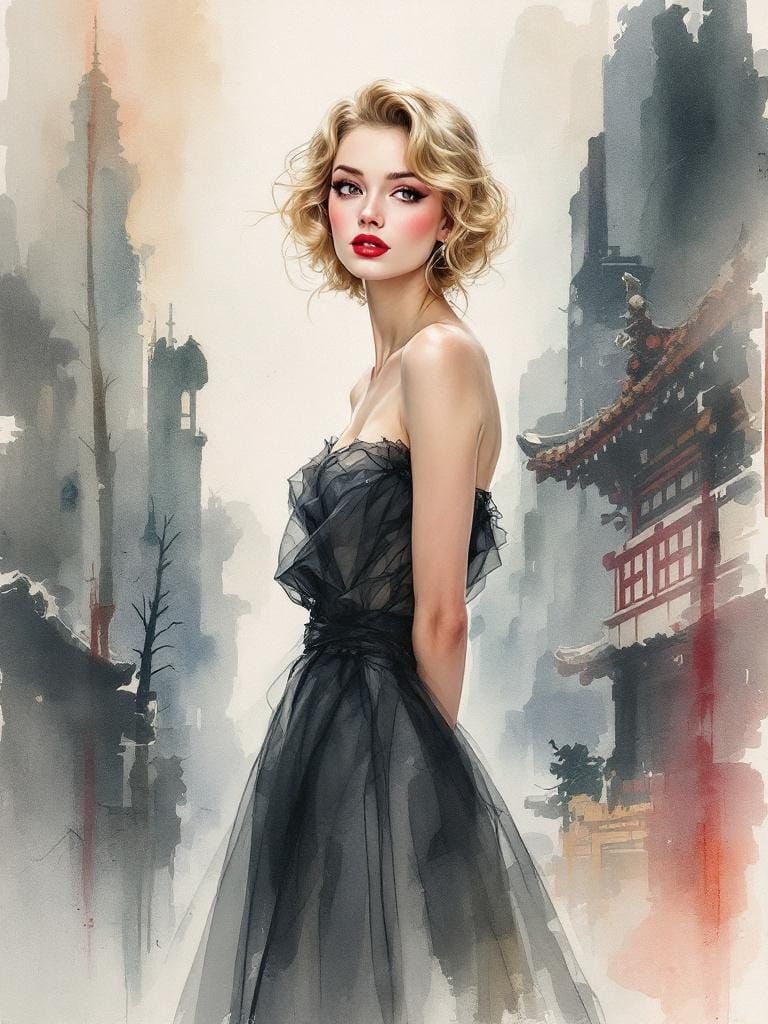 1950s Pin-Up in Atmospheric Watercolor Style