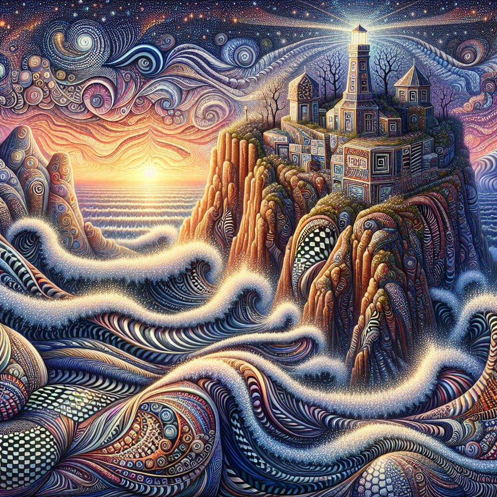 Zentangle Mosaic: Ocean Waves and Lighthouse