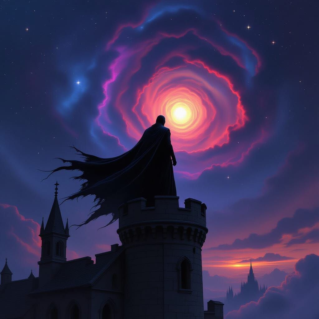 Vampire on Gothic Castle Turret Against Cosmic Nebula