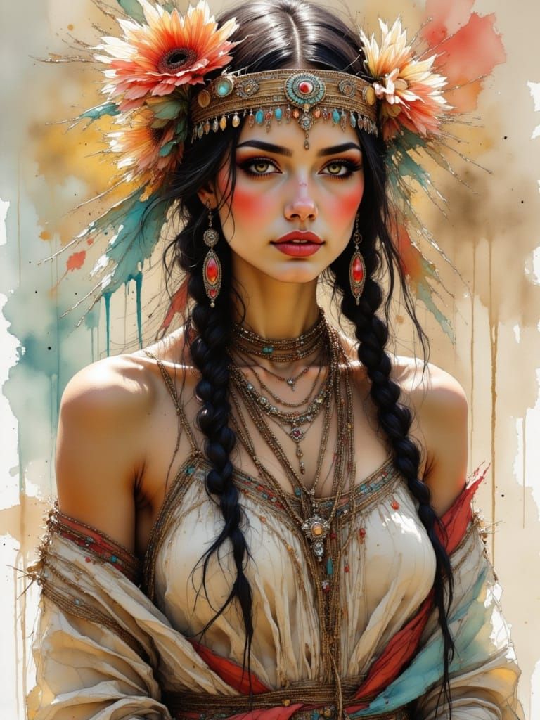 Ethereal Native American Woman in Impressionistic Style