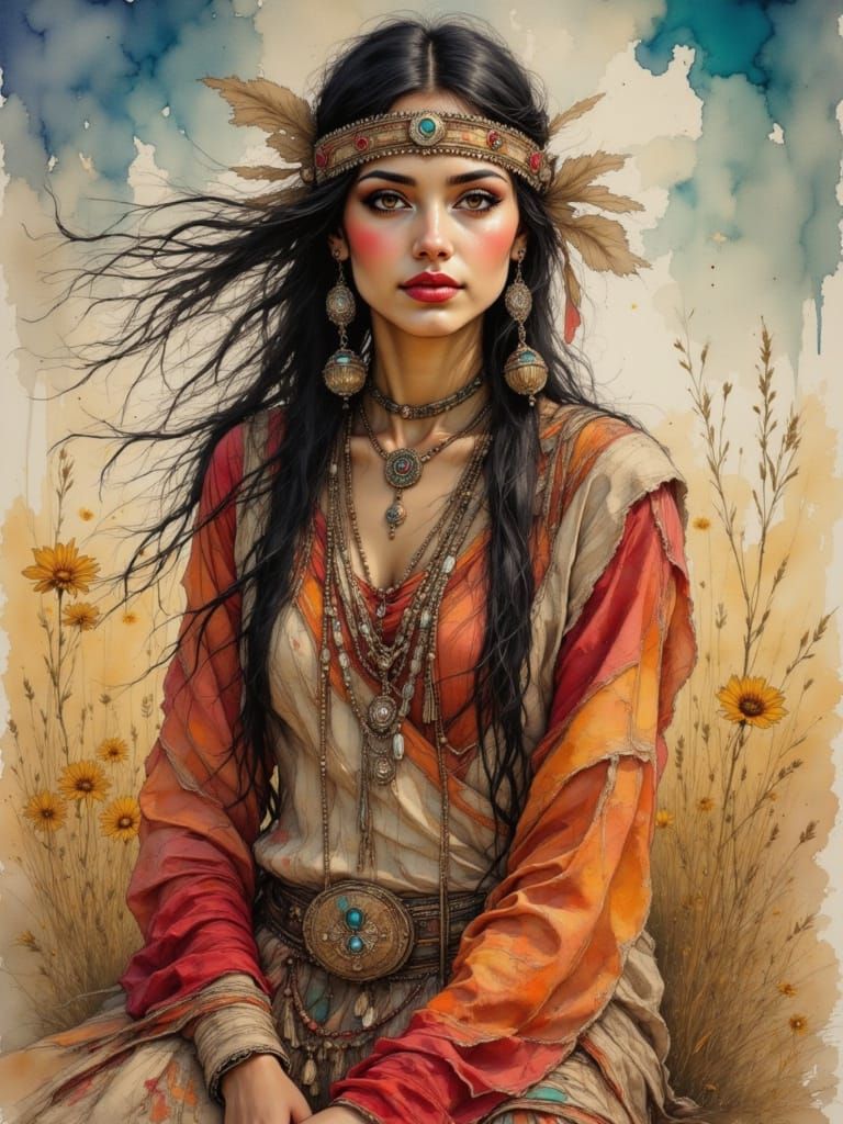 Ethereal Native American Woman in Impressionistic Style
