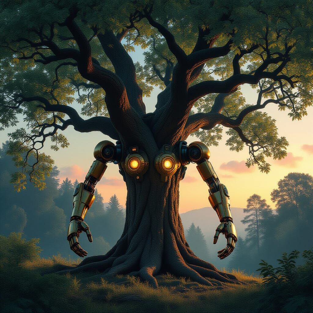 Ancient Oak Fused with Brass Robotics in Twilight Forest