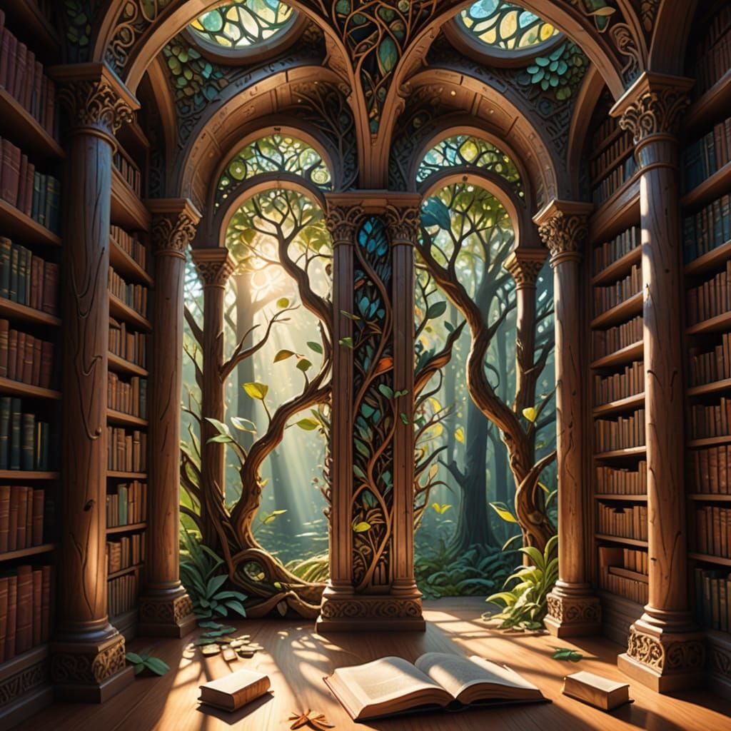 Ethereal Library with Glowing Seedpods: Concept Art