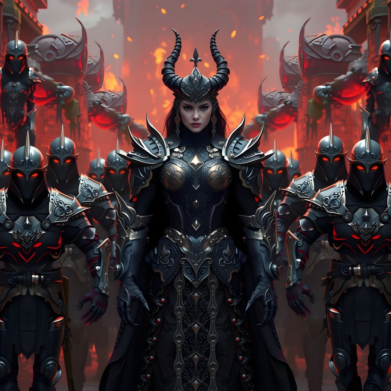 Regal Lilith Surrounded by Death Knights in Gothic Industria...