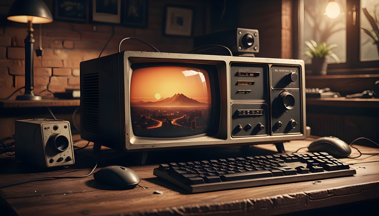 Retro 80s Computer Setup in Warm, Nostalgic Light