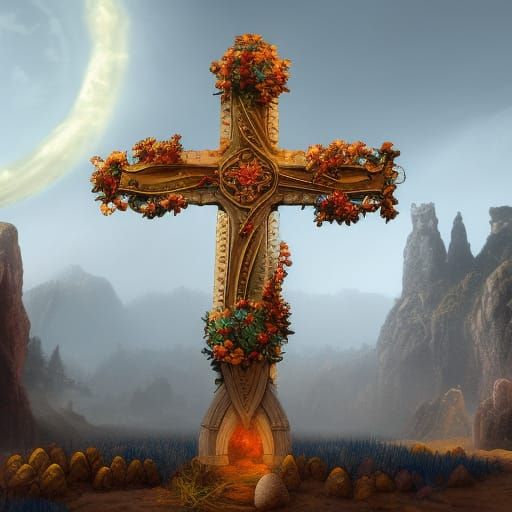 Detailed Easter Cross Matte Painting in Deep Color