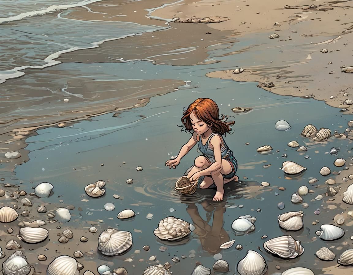 Girl Collecting Shells: Comic Book Style Art