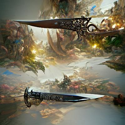 Epic Gunblade Fantasy War in the Style of Mucha