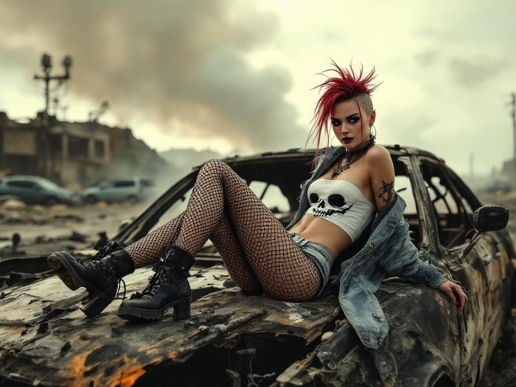 Post-Apocalyptic Punk Girl on Burned Car