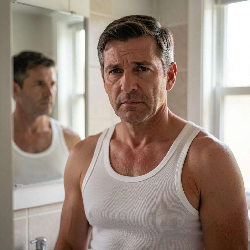 Photorealistic Portrait of a Skeptical Man in Bathroom Mirro...