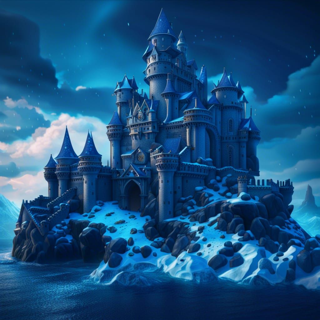 Blue Winter Castle by the Ocean: Detailed Matte Painting