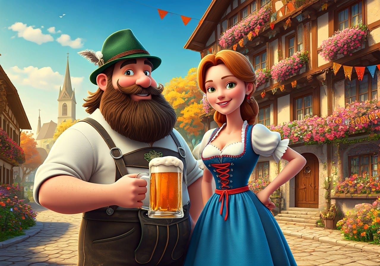 Bavarian Couple Celebrate Halloween in 3D Cartoon Style