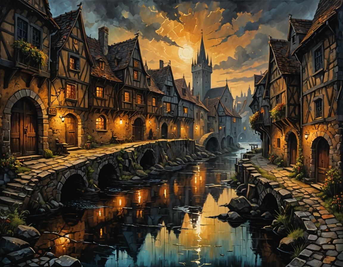 Medieval Town River Crossing in Dark Fantasy Style