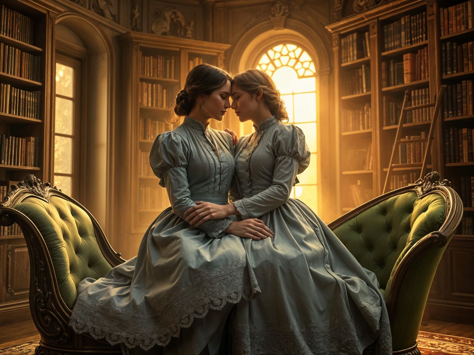 Colonial Women's Embrace in Antique Library