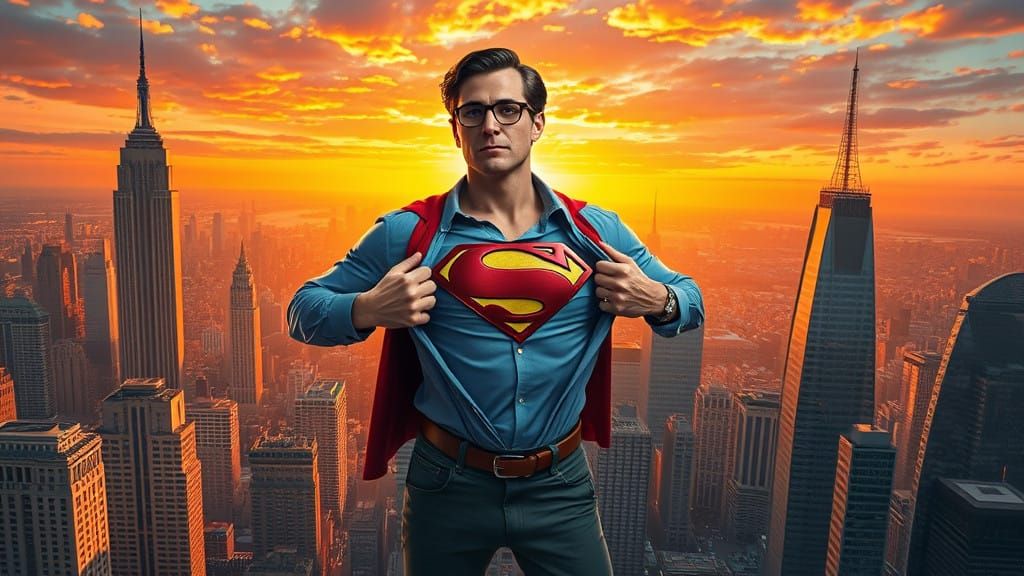 Superman Unveiled: Heroic Sunset Cityscape