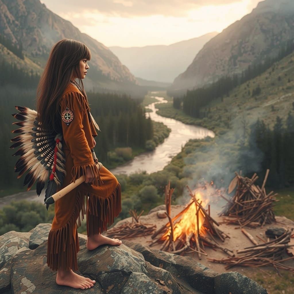 Native American Chief in Traditional Regalia against Sunset ...