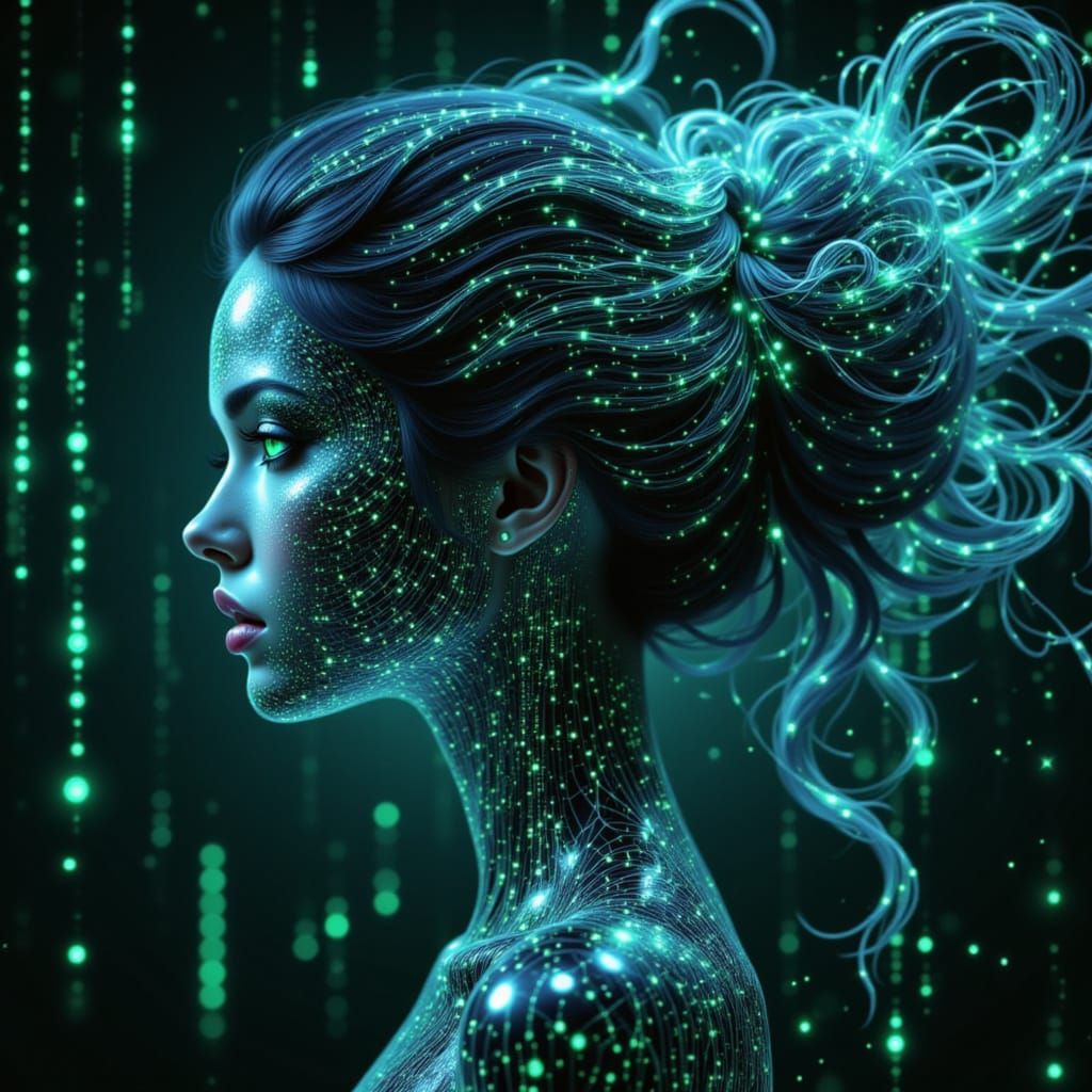 AI Woman Splitting into Digital Code in Fantasy Art