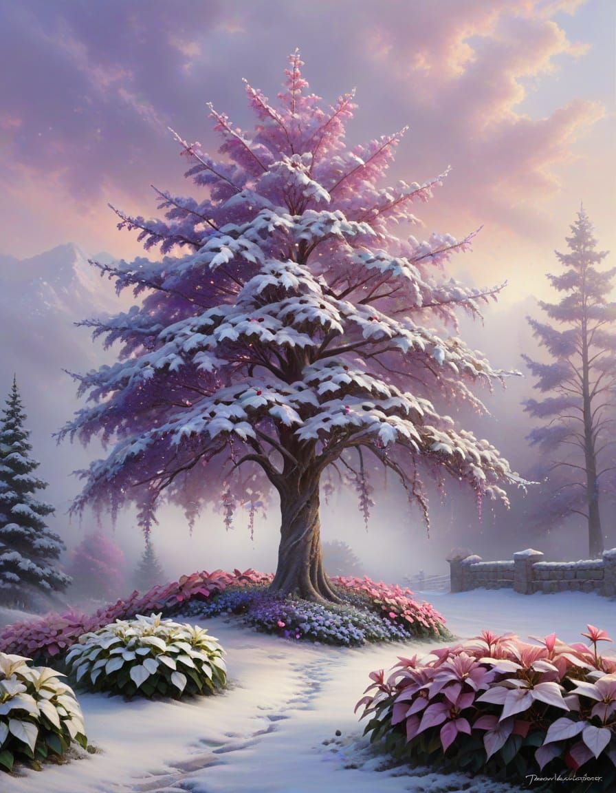 Serene Winter Tree with Poinsettias in Ethereal Light
