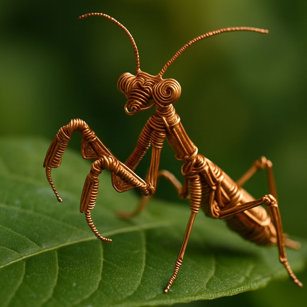 Copper Wire Mantis on Green Leaf