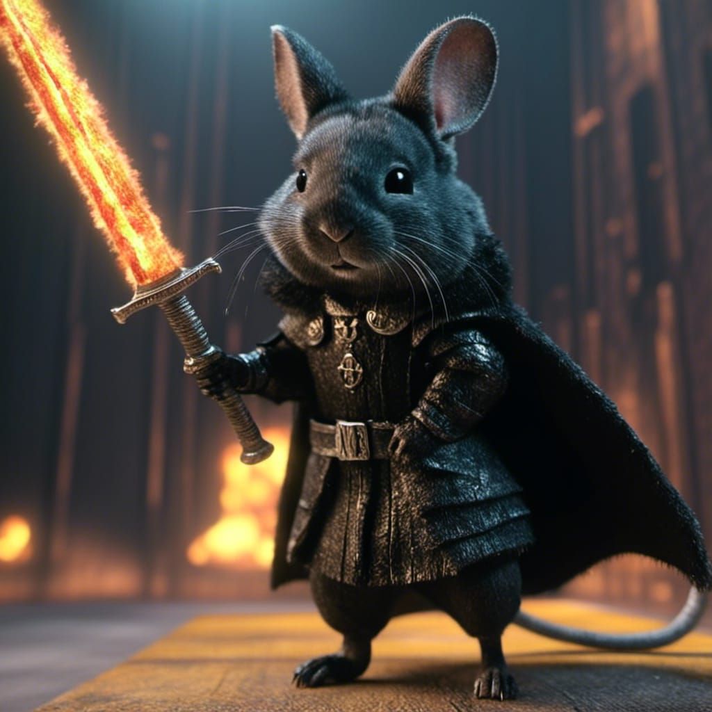 Anime Chinchilla Black Knight with Flaming Sword