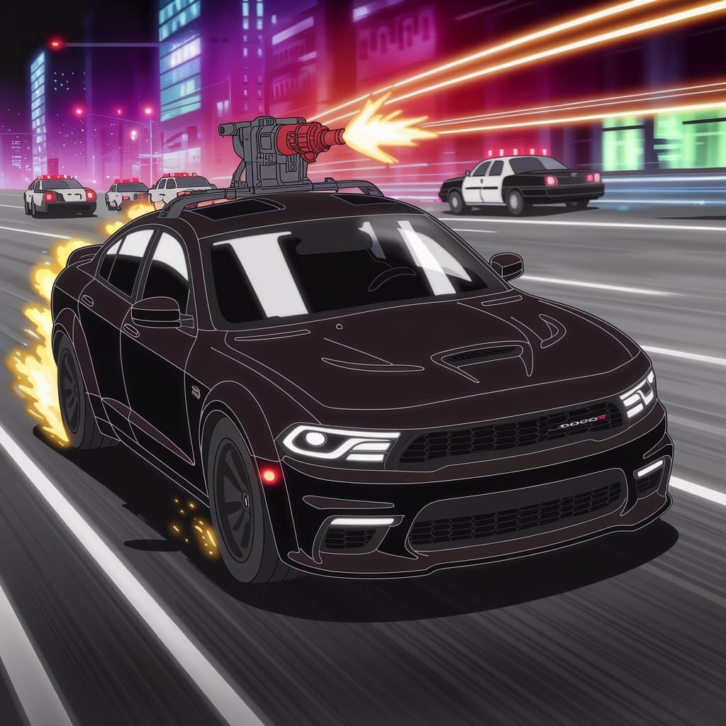 Cyberpunk Dodge Hellcat Speeds Through Neon Cityscape
