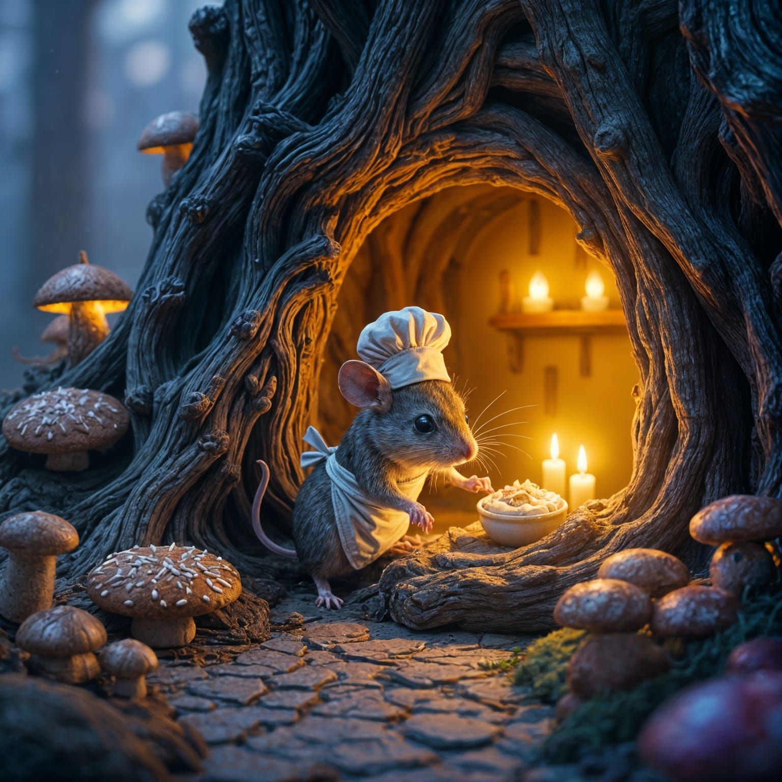 Mouse in Tree Kitchen, Dark Fantasy Concept Art