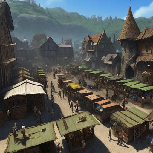 Overhead View of a Bustling Medieval Fantasy Town
