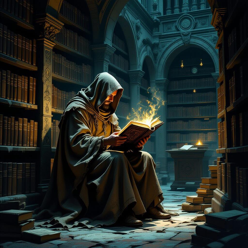 Ancient Scholar Studying Glowing Tome